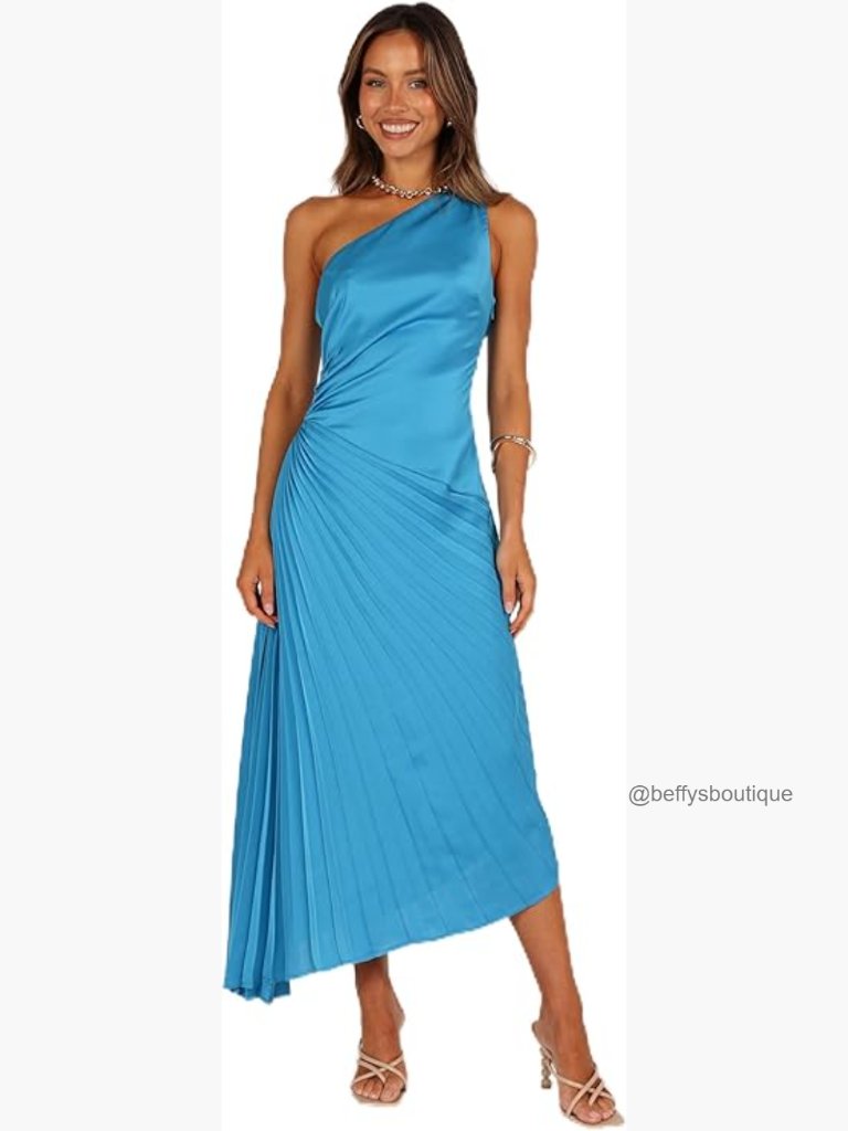 One Shoulder Pleated Midi Dress Asymmetric Neckline Cocktail